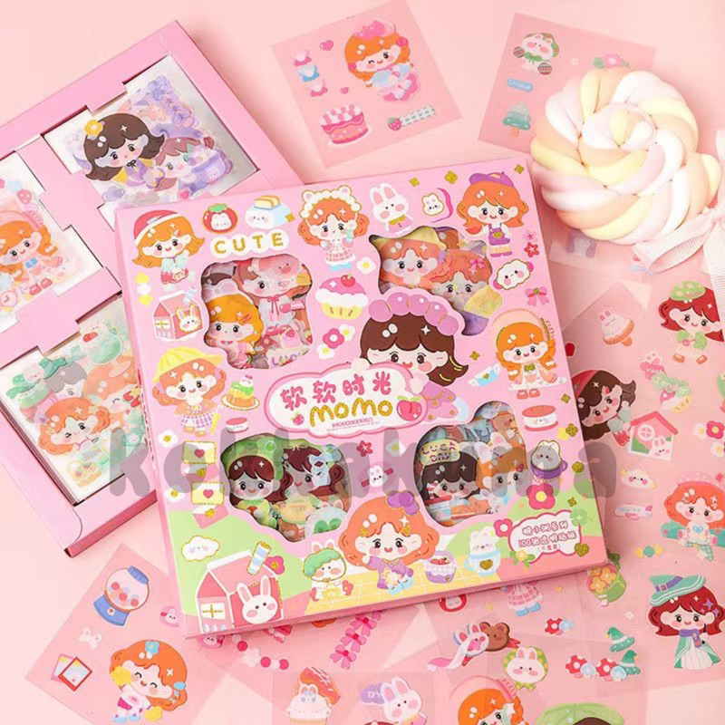 

( KKM ) Sticker Waterproof Sticker Momo Glitter Dapat Box Isi 100 Lembar Aesthetic Waterproof Bening