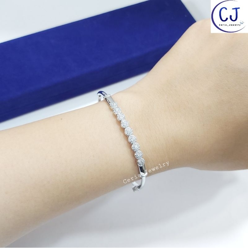 Gelang Perak Asli Silver Wanita 925 Lapis Emas Putih Model Bangle Bulat Variasi Bulat Permata Full - Perhiasan Perak Asli