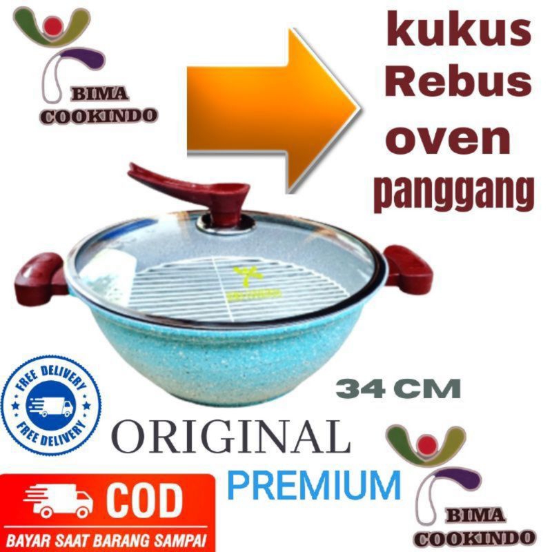 Bima cookindo panci serbaguna tutup kaca/panci anti lengket granite jumbo 34 cm lengkap dg sarangan