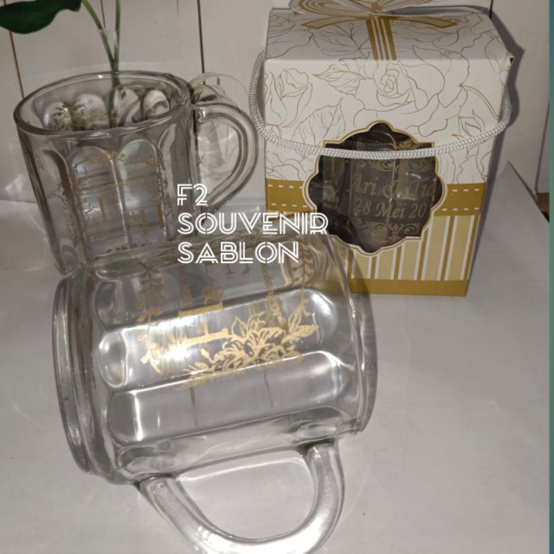 SOUVENIR GELAS GAGANG SALUR/GELAS KOPI/GELAS GAGANG,FREE SABLON DESAIN