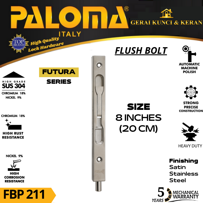 GRENDEL TANAM PALOMA FLUSH BOLT FBP 211 8 INCH SSS STAINLESS