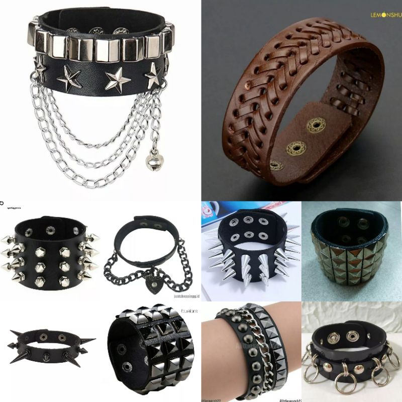 Gelang kulit punk pria wanita rivet grunge style edisi kancing jepit