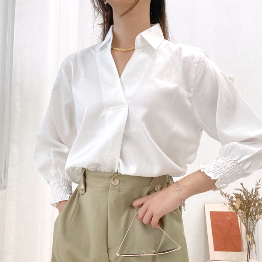 KARA V-Neck Blouse with Collar / Atasan Wanita Kantor Casual Lengan Karet 0319-151