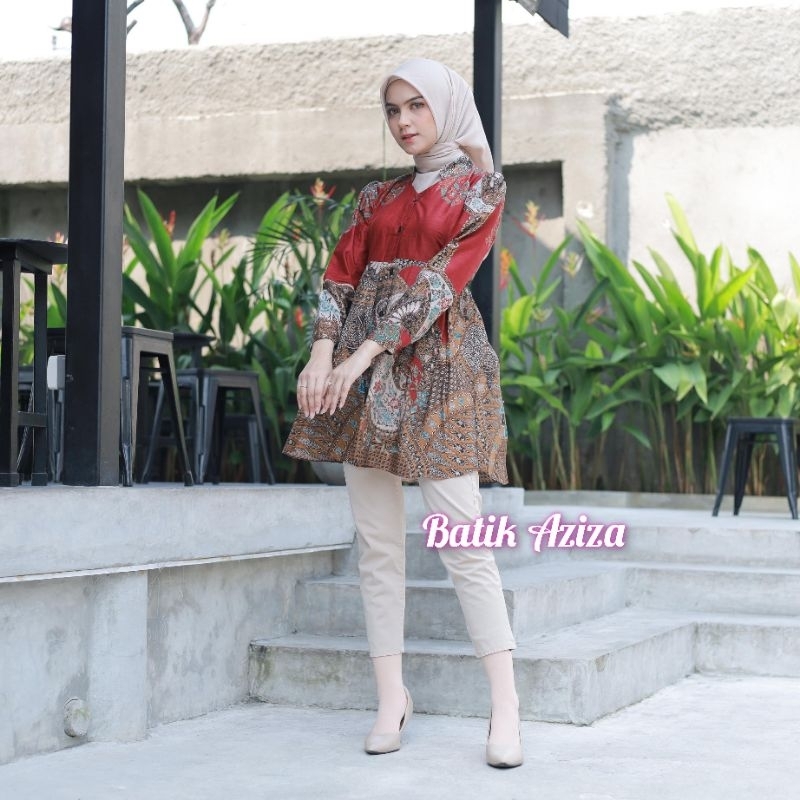 Batik Modern Wanita Atasan Batik Wanita Tunik Batik Dress Batik Cantika Merah dan Teracota by Batik Aziza