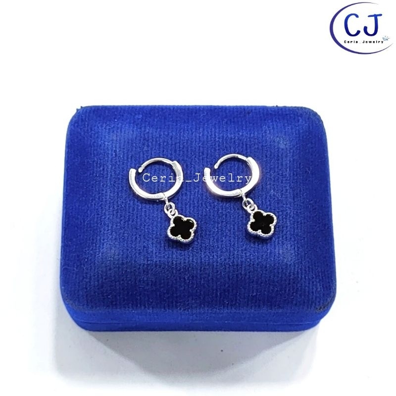 Anting Perak Asli Silver Wanita 925 Lapis Emas Putih Model Jepit Polos Gantungan Van cleef Hitam - Perhiasan Perak Asli