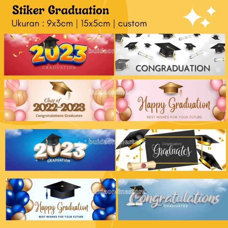 

Stiker Happy Graduation Label Selamat Wisuda Congratulations Graduates Congraduation ukuran 9x3 15x5 bisa custom nama tahun tulisan sticker dekorasi kemasan souvenir hampers hari kelulusan sekolah banner class of pelajaran panjang