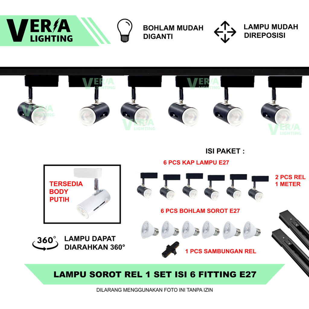 Lampu Sorot Rel Track Spotlight 1 Set 6 Lampu Plus Rell 2M Spot Light