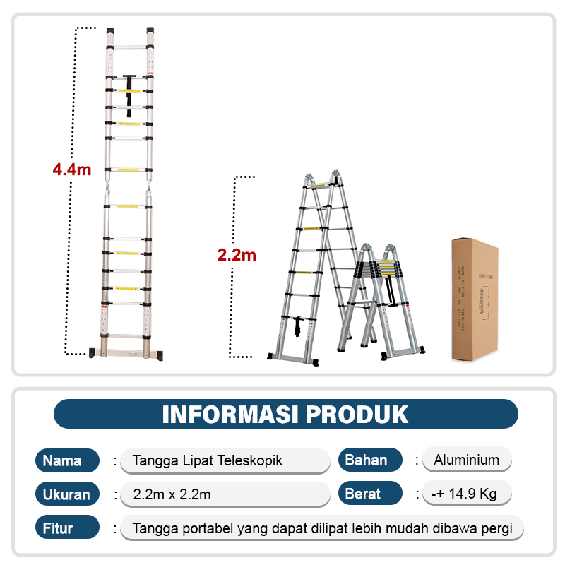 Tangga Lipat Aluminium 4.4m 15 Steps Tangga Teleskopik 4.4m Paduan Aluminium Berkualitas Tinggi Tidak Berkarat Tangga Lipat Multifungsi V5B1 Megahomedecor
