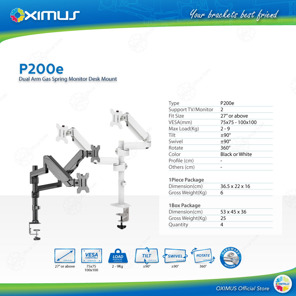 BRACKET MONITOR DESKMOUNT GAS SPRING OXIMUS P200e TILT SWIVEL ROTATE