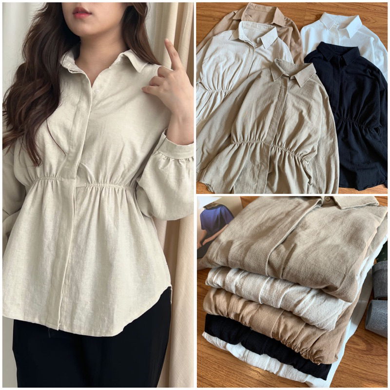 Audrina Blouse Linen Shirt | Blouse premium kantor | Atasan Hidden Button | kemeja daily kantor kuliah