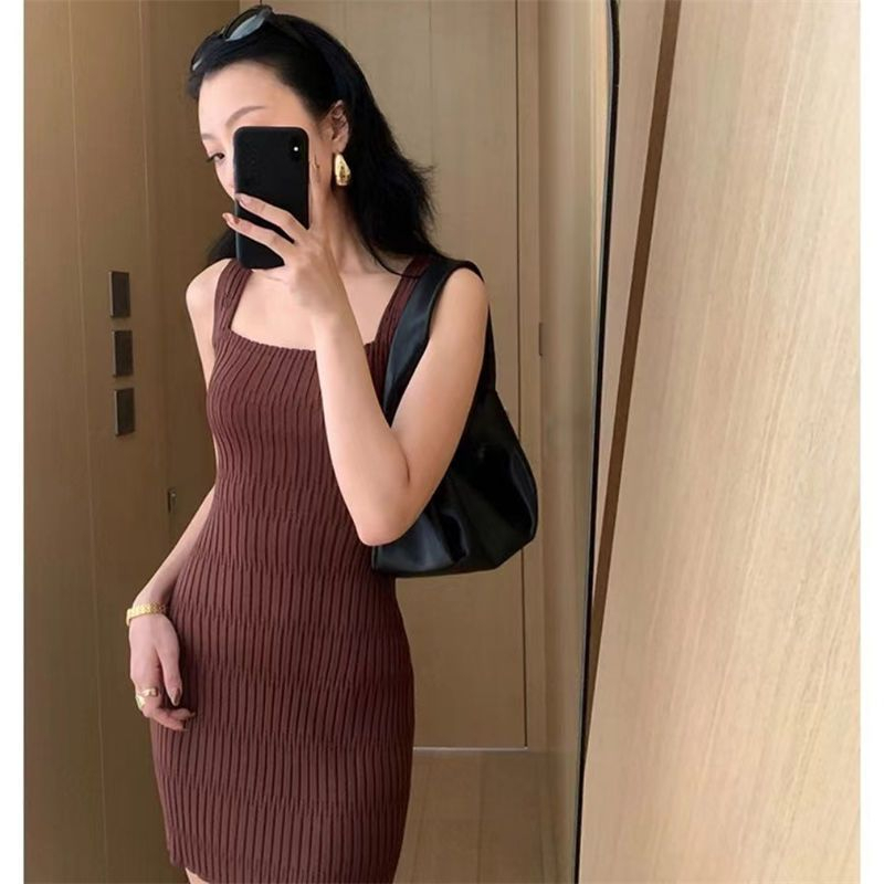 Summer Mini Dress Bodycon Wanita Sleveless Square Neck Dress Vintage