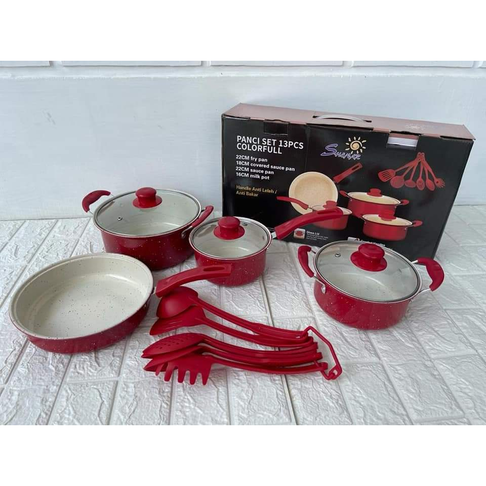 Panci Set Panci Keramik Anti Lengket Panci Tutup Kaca 13 Pcs Tutup Kaca dan Spatula Memasak
