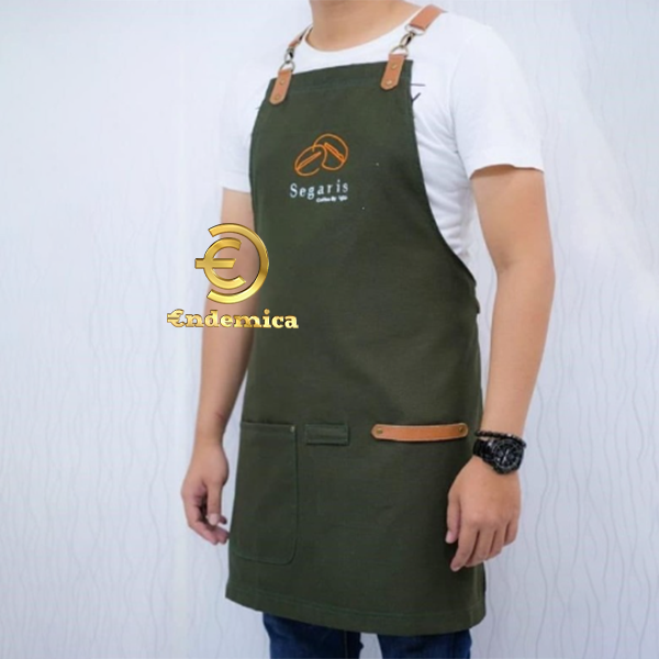 Apron Barista Celemek Cafe celemek coffee shop kanvas PVC Waterpellen dan Pu leather Y Strep Tan