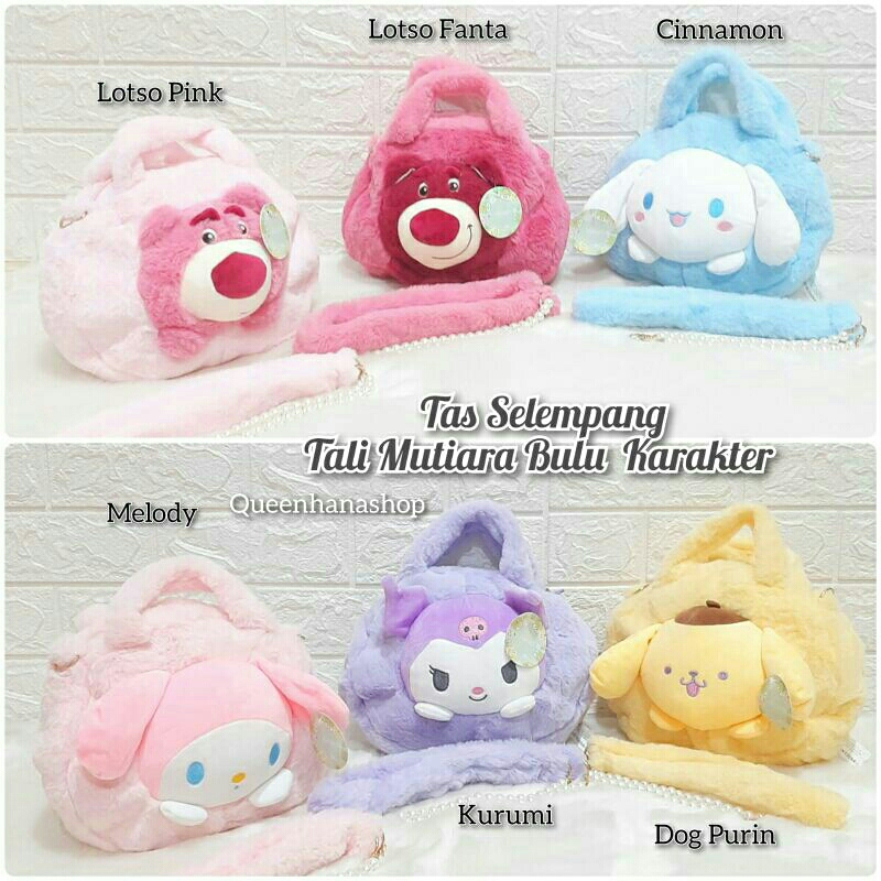 New Tas Selempang Boneka Tali Bulu Mutiara Karakter Tas Cewek