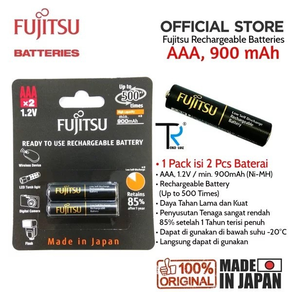Baterai AAA / A3 900mah 2Pcs FUJITSU Rechargable ORIGINAL Made in Japan