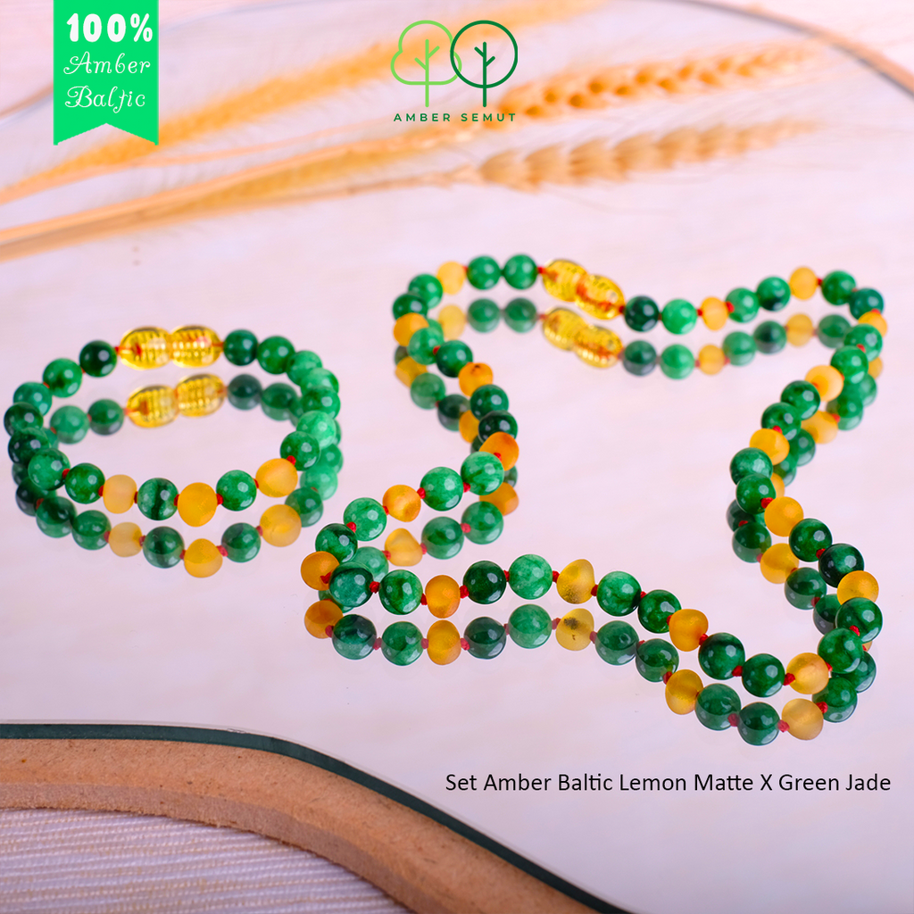 PROMO FREE GELANG - Kalung Amber Lemon Matte X Green Jade Resizeable by AMBER SEMUT