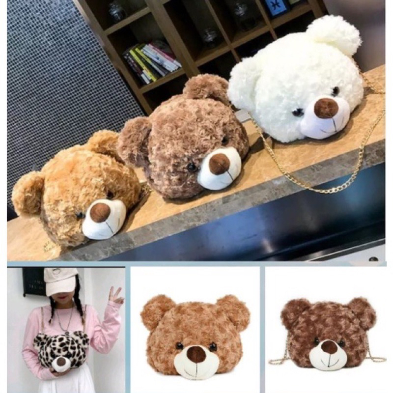 Tas Selempang &amp; Bahu Wanita Tas bulu selempang bahu boneka kepala beruang Sling Bag Bulu TEDDY BEAR Tas Boneka Kepala teddy bear ALA KOREA TAS SEKOLAH LUCU TAS PEREMPUAN