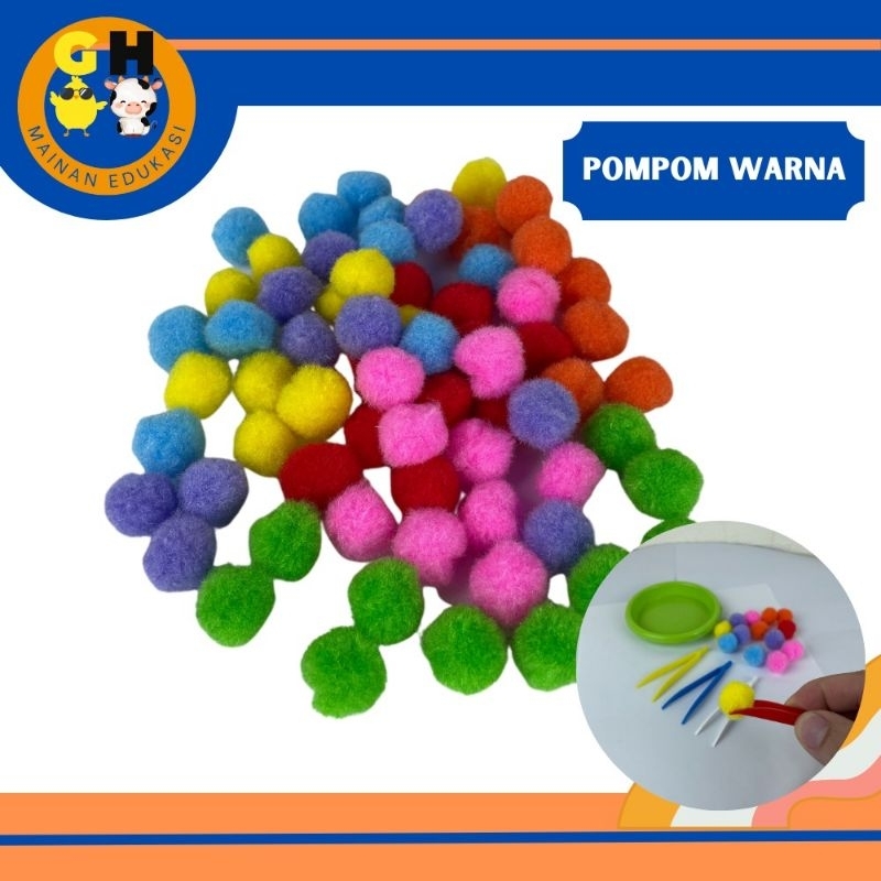 Paket 100 Pompom Ukuran 2 cm Warna Campur FREE Tweezer