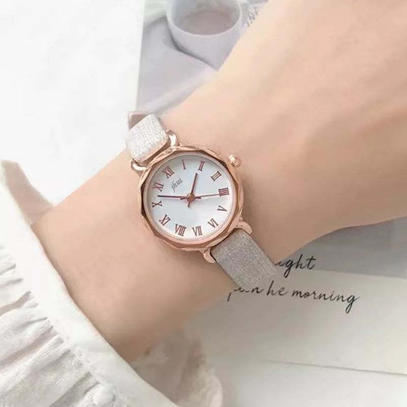 Jam Tangan Jhui Kecil Wanita Analog Dial Bulat Dengan Strap Pu Leather