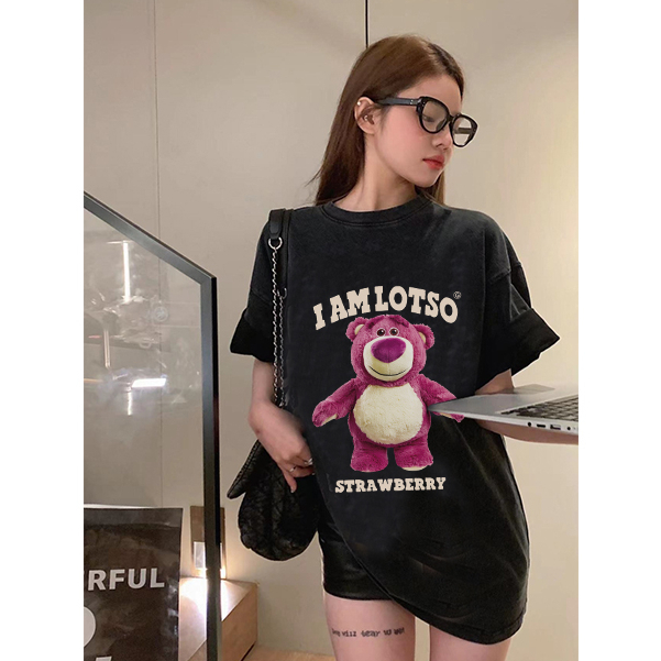 baju oversize kekinian lengan pendek cartoon motif strawberry bear printed kaos hitam import baju atasan wanita terbaru