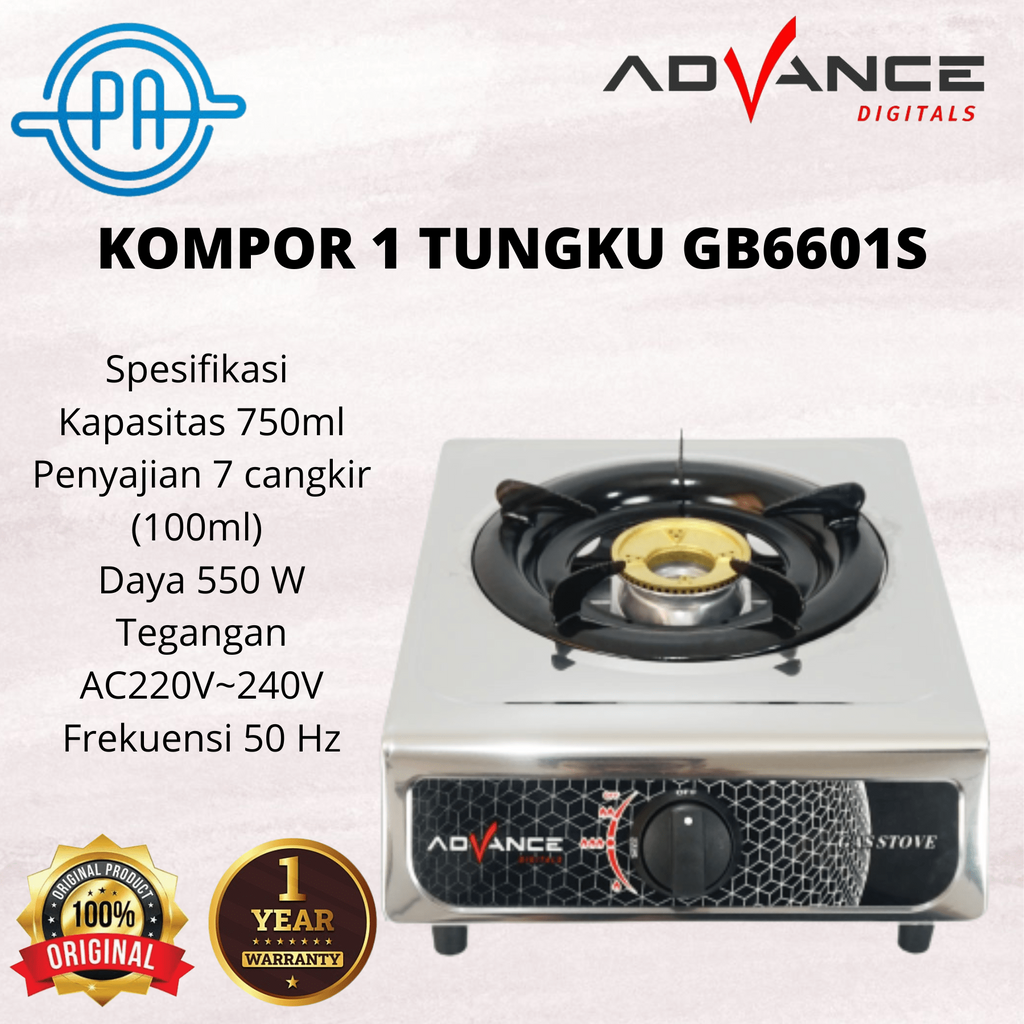 KOMPOR 1 TUNGKU ADVANCE GB6601S Body Full Stainless Steel / KOMPOR ANTI KARAT API BIRU