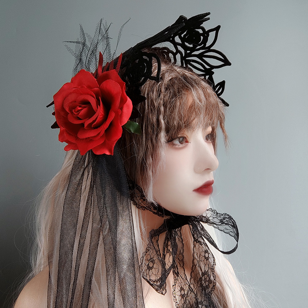 [ GOTH ] Gothic Lolita Headband with Rose Flower Lace Headpiece / Gothic Lolita Headband dengan Headpiece Renda Bunga Mawar 8027