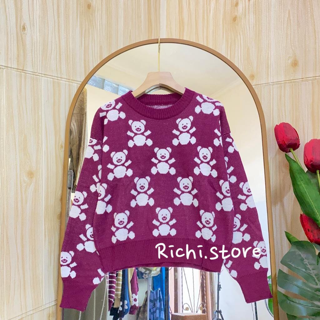 Virly Sweater Crop Rajut Wanita Full Motif Bear