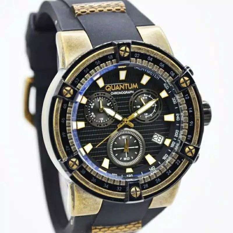 JAM TANGAN PRIA QUANTUM HNG765.751 BLACK GOLD RUBBER ORIGINAL