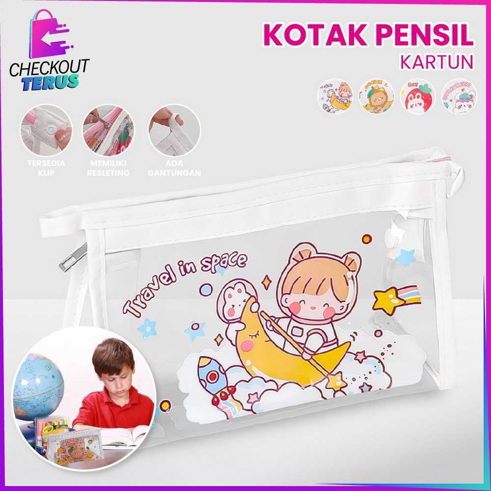 CT A60 Tempat Pensil Transparan Motif Kartun Multifungsi Tas Kosmetik Travel Gaya Korea Tas Pouch Kosmetik Serbaguna