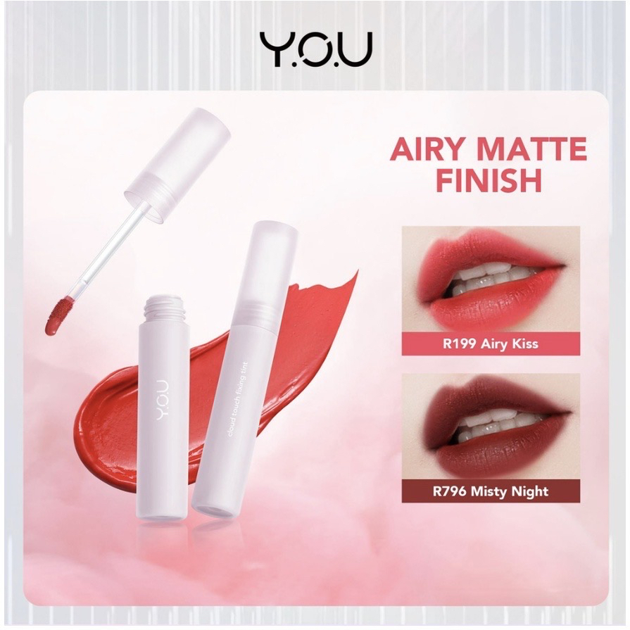 YOU Cloud Touch Fixing Lip Tint Indonesia / 2.5g / Airy Matte Finish Ceramide &amp; Lasting Stain Nourishing Formula Pillowy Texture / Strawberry Extract Vitamin C / R868 R667 R199 R688 R567 P796 R646 R957 / Cosmetic Makeup Lipstick Liptin Y.O.U Series Juicy