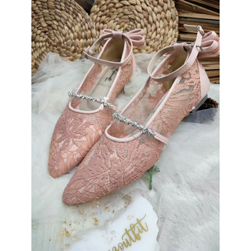 Sepatu wedding cantik Vilea peach 2cm kaca