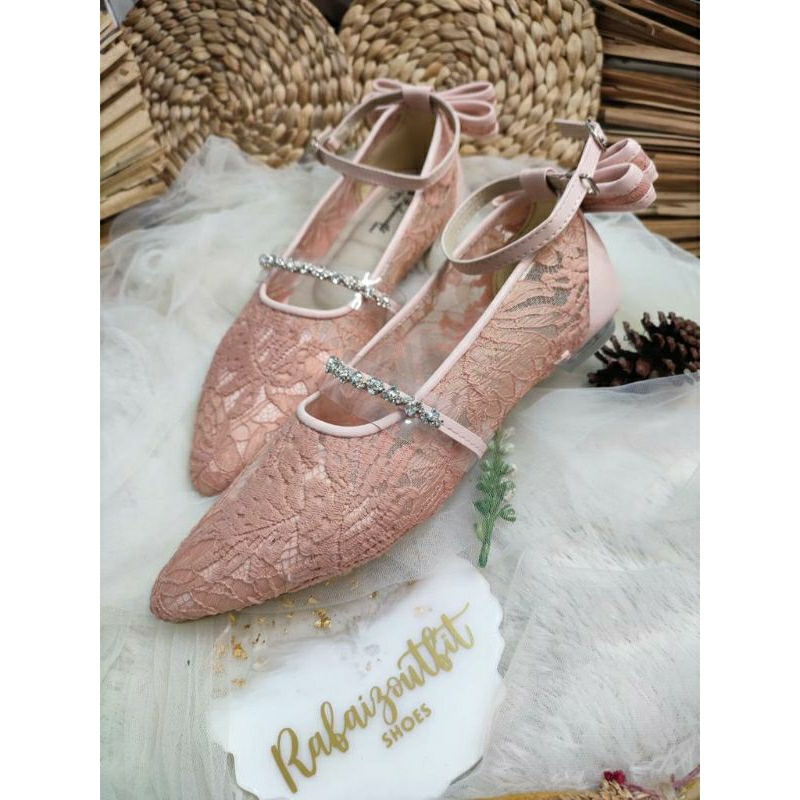 Sepatu wedding cantik Vilea peach 2cm kaca