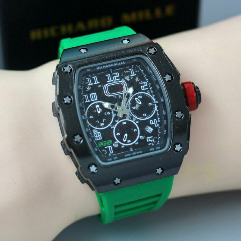 Jam Tangan Pria RM Richard Mile Crono Aktif Body Hitam Tali Hijau - Jam Tangan Pria