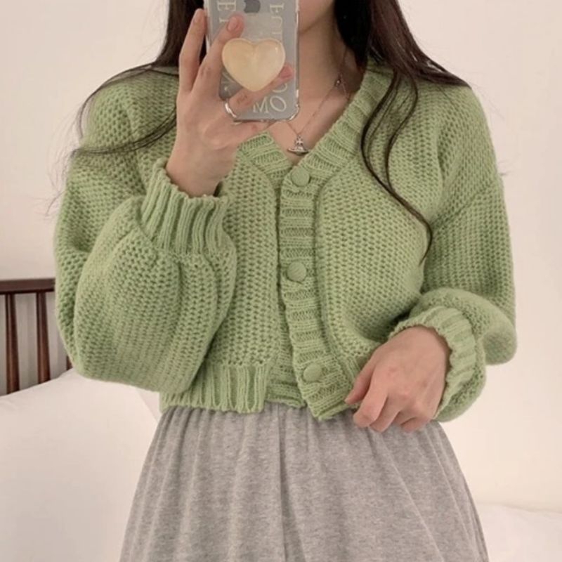 BUTTON Crop Cardigan Lengan Balon Korean Style