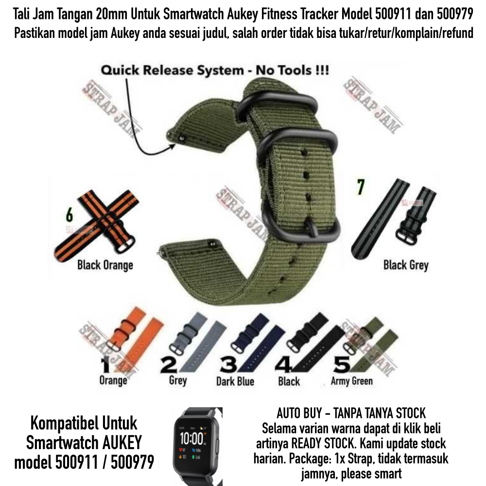 STT Strap Aukey Model 500911 / 500979 - Tali Jam Tangan 20mm Nylon Stitching Quick Release