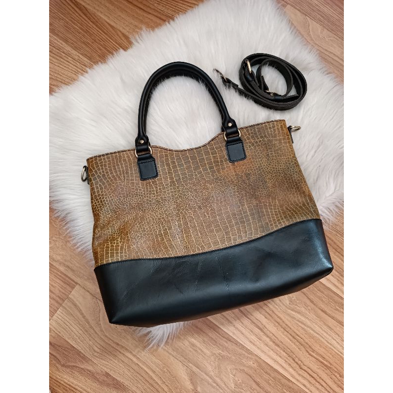 [PAPARILLO] Tote Bag Kulit /Tote Bag Kulit Sapi Asli mix motif Biawak/Tas Kulit Wanita/Tas Kulit Asl