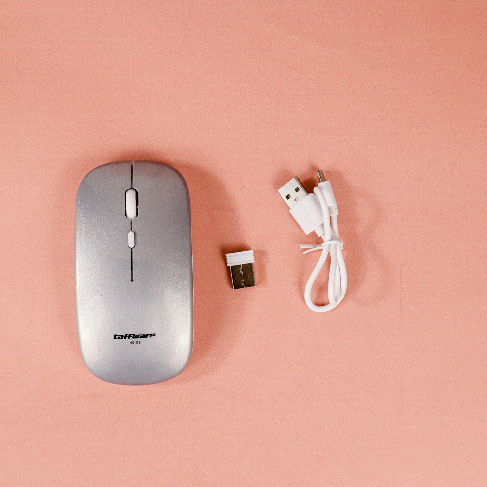 Taffware Mouse Slim Silent Wireless 2.4G Rechargeable Mouse Tanpa Kabel PC LAPTOP Komputer USB  2.4G HS-09 Grab medan