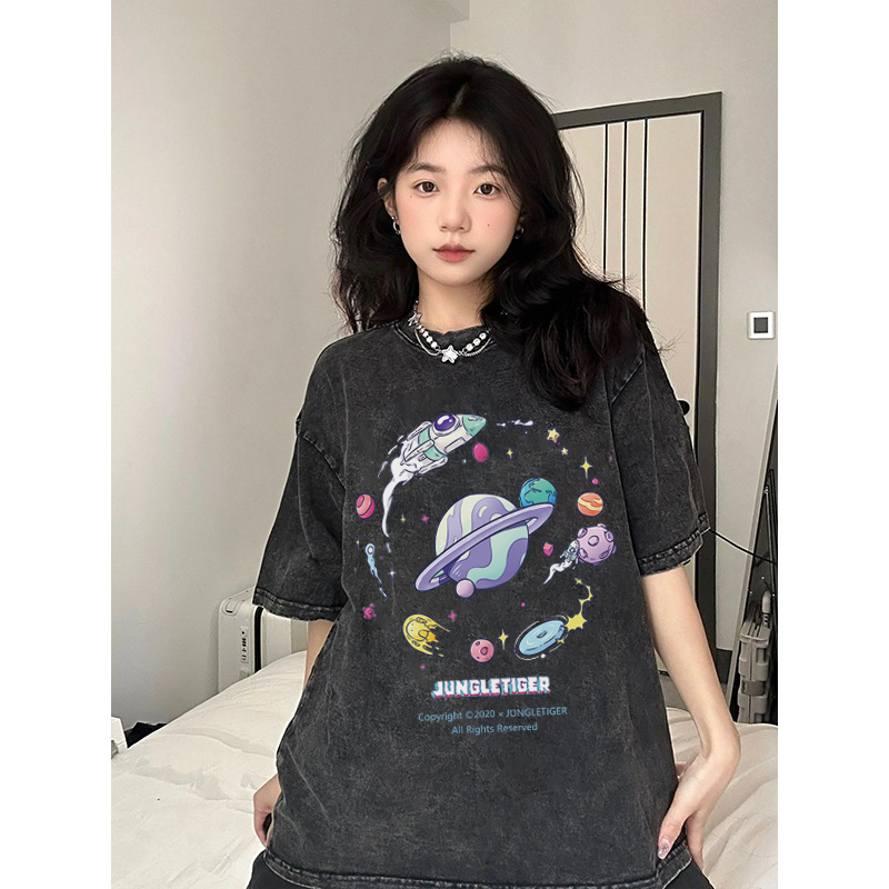 XIAOZHAINV Korean Style Travel Around The Planet Pattern Washed Printing Kaos Wanita A0137/Atasan Wanita Terbaru