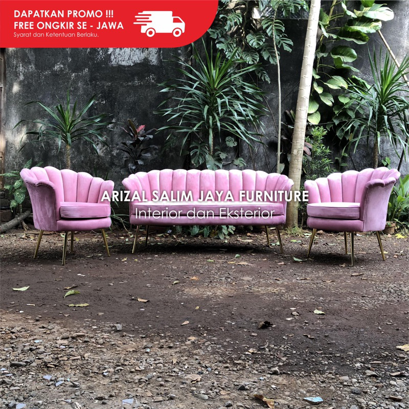 Set Kursi Sofa Tamu Kerang Soft Pink Kaki Stainless