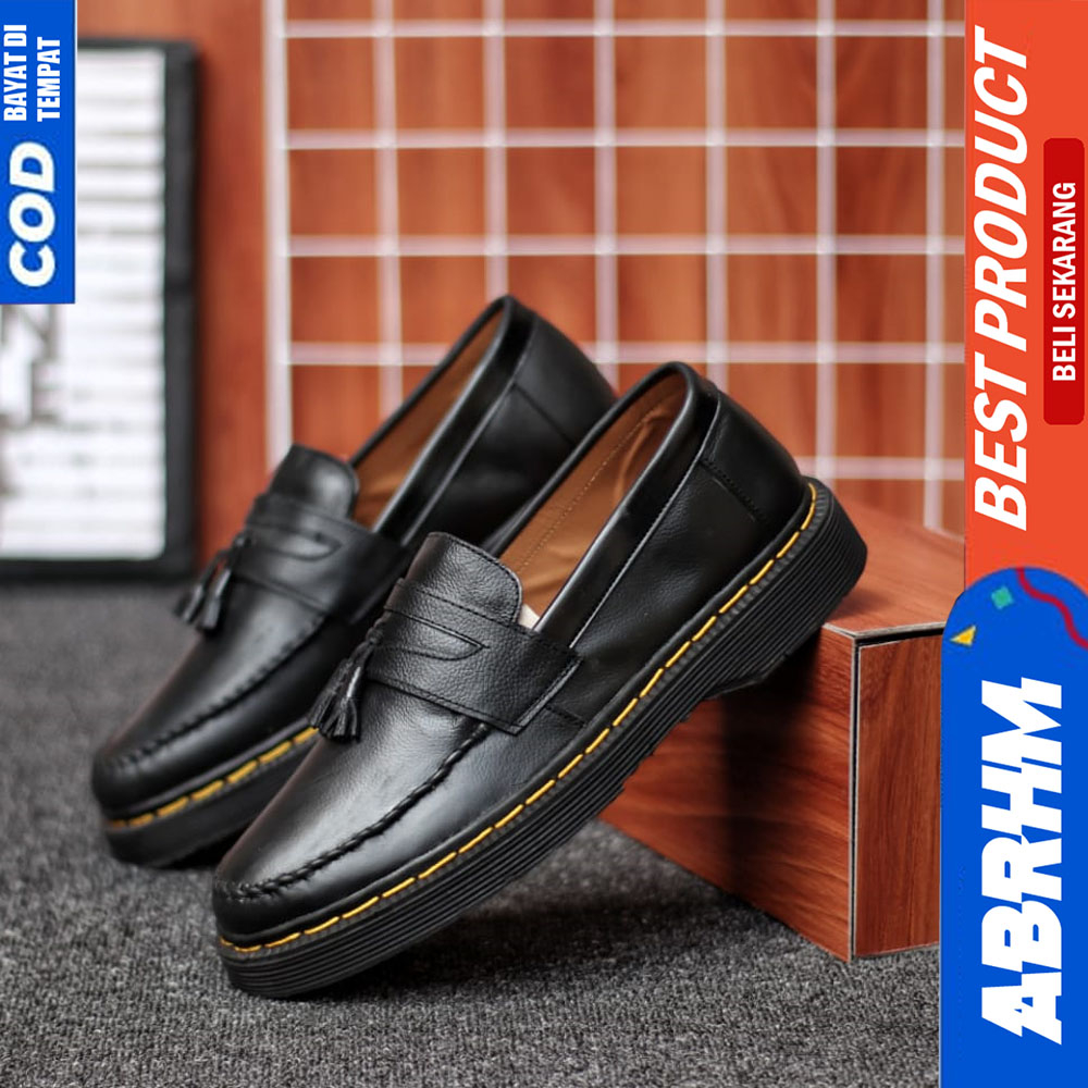 ABRHM Sepatu Loafers Docmart Pria Kulit Asli Kerja Hitam