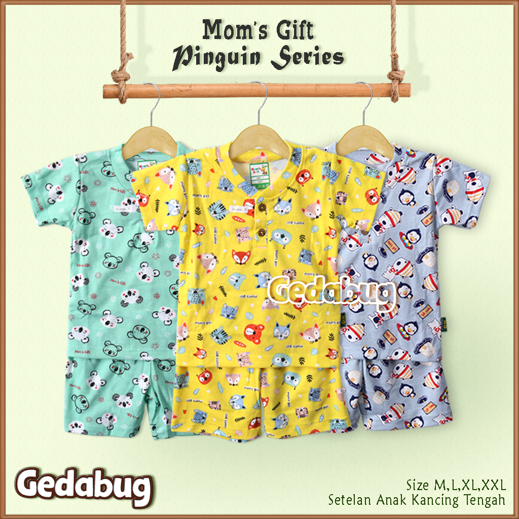 3 Setel - Setelan Anak Pendek Mom's Gift Pinguin Series | Setelan Kaos anak Kancing Depan Moms Gift | Gedabug