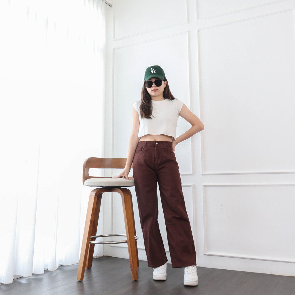 DEMORIN - Celana Jeans Bawahan Wanita Highwaist Straight Korean Plain Brown Polos Coklat X5006