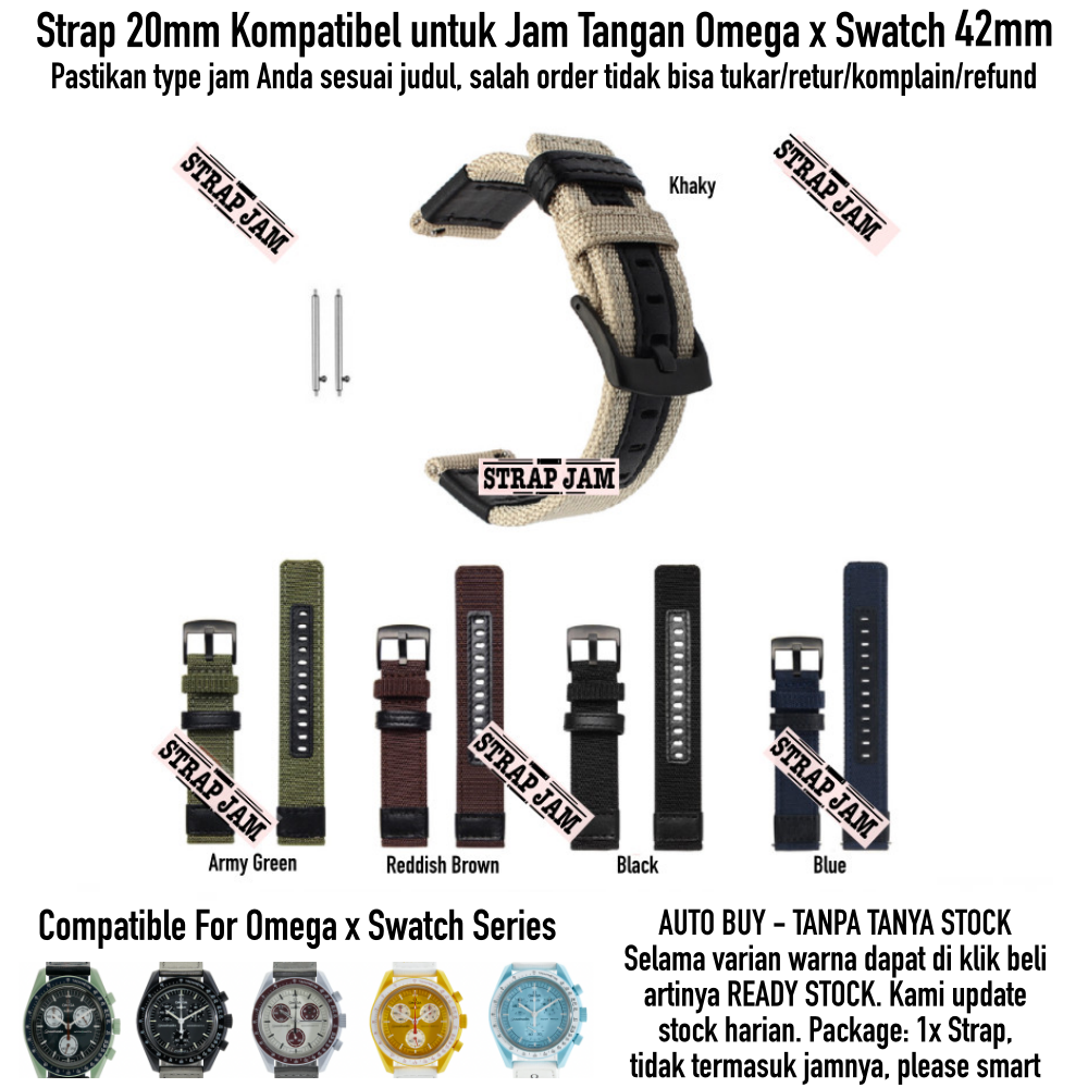 Tali Jam 20mm Strap Omega X Swatch 42mm - Woven Nylon Nilon Tebal