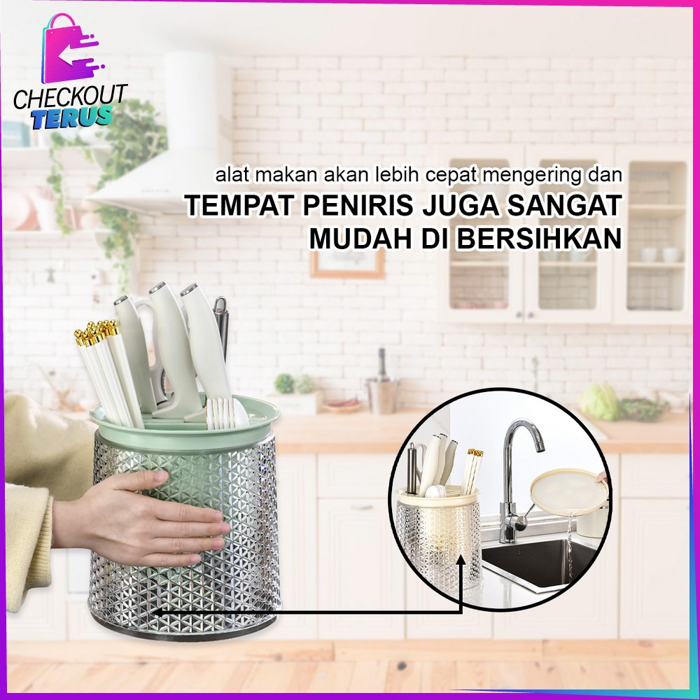 CT C854 Rak Putar 360° Estetik Tempat Sendok Garpu Sumpit Pisau Wadah Penyimpanan Peralatan Dapur Cutlery Holder dengan Tirisan