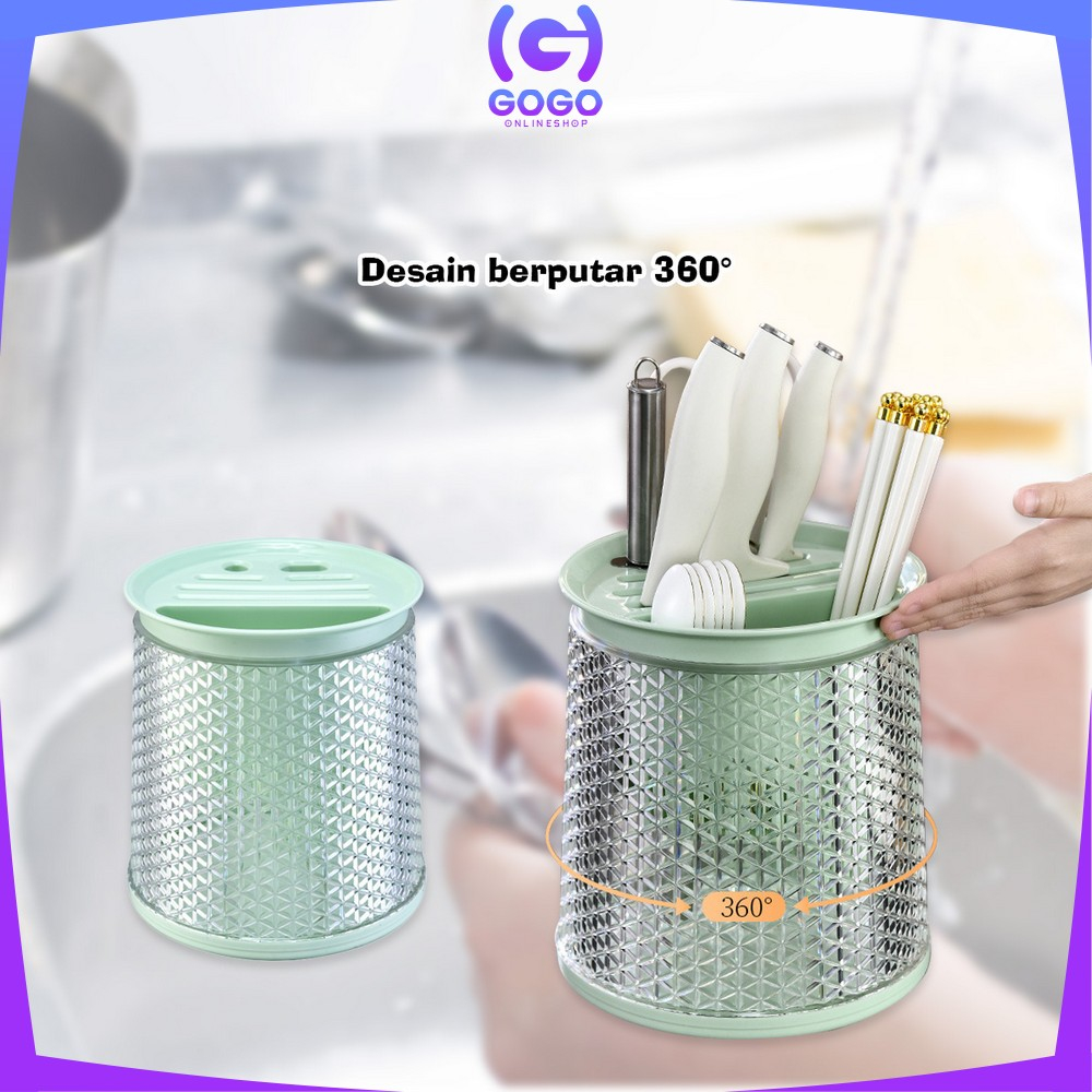 GOGO-C854 Tempat Sendok Garpu Sumpit Pisau Cutlery Holder Dengan Tirisan / Wadah Penyimpanan Rak Putar 360° Estetik Peralatan Dapur