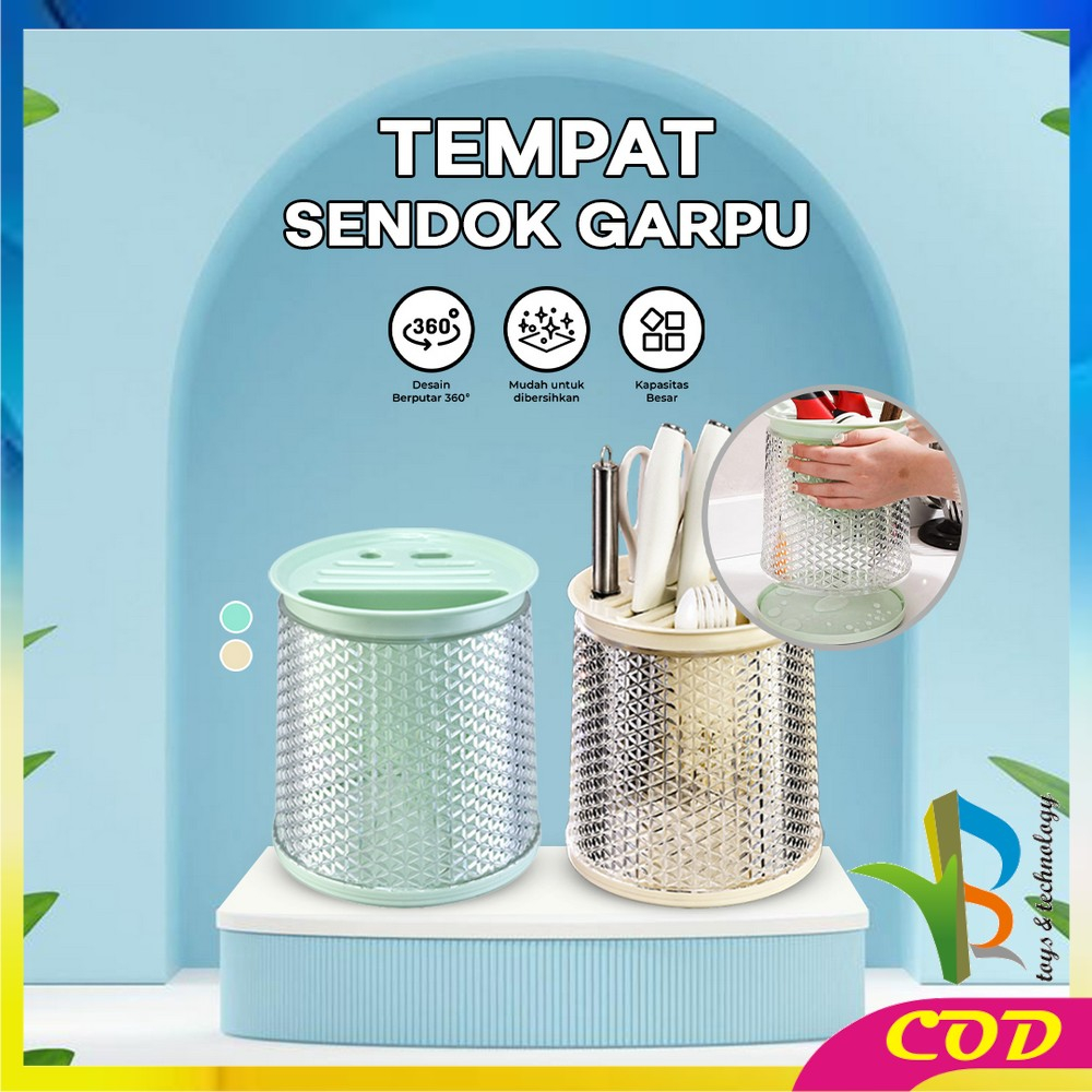 RB-C854 Tempat Sendok Garpu Sumpit Pisau Cutlery Holder Dengan Tirisan / Wadah Penyimpanan Rak Putar 360° Estetik Peralatan Dapur