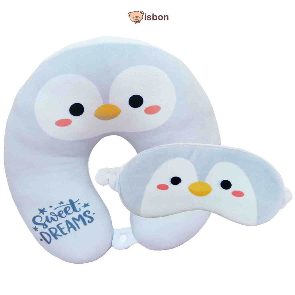 ISTANA BONEKA Bantal Leher Karakter Pinguin grey sweet dream dan Pig Piggy 2 in 1 Penutup Mata Eye Mask Nyaman Digunakan Mudah Dibawa untuk travelling