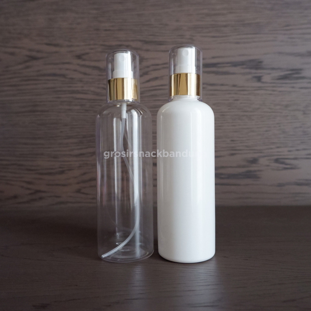 Botol PET 250ml - Tutup Mist Sprayer PUTIH HITAM GOLD / Botol PET BR 250ml Spray PUTIH HITAM GOLD