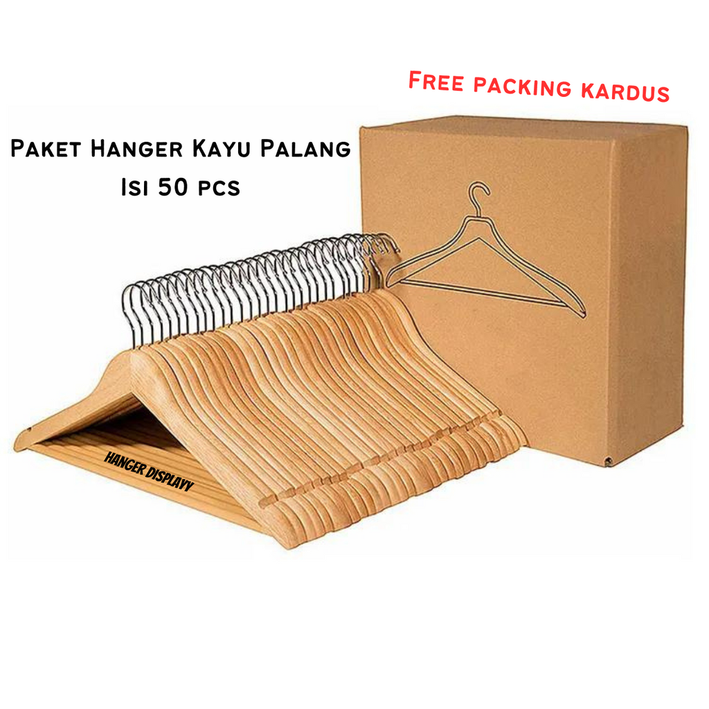 Paket Hanger Kayu Palang (Wood) Warna Natural Dewasa 1 Dus ( Isi 50 Pcs ) Harga Grosir