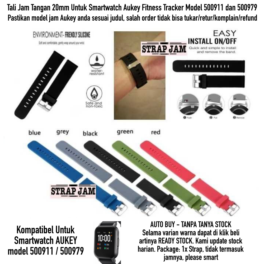 Polos Strap 20mm Aukey Model 500911 / 500979 Quick Release - Tali Jam Tangan Rubber With Silver Buckle